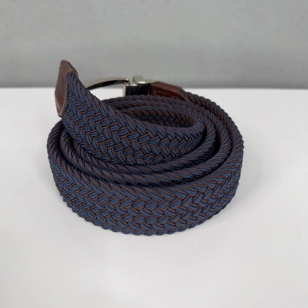 Tommy Bahama Belt Mens L/XL Blue Brown Braided Woven Leather Trim Casual Coastal